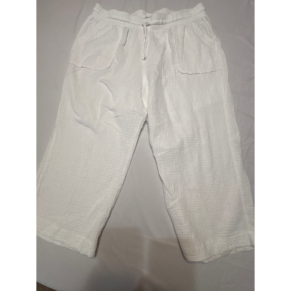 Palm Rio White Gauze Cropped Pants XL Elastic Drawstring Waist Wide Leg Pockets
